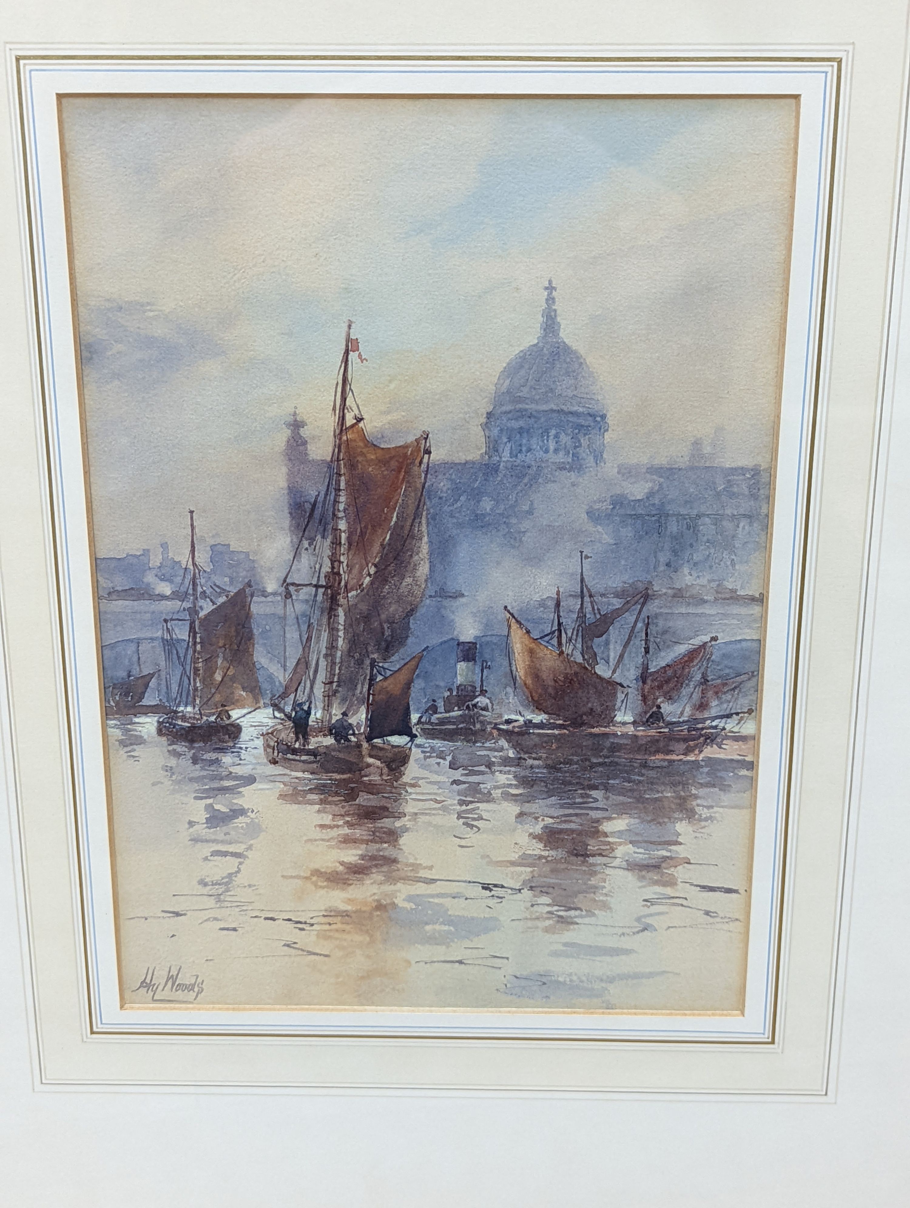 Henry Woods (1846-1921), watercolour, St Paul's from The Thames, signed, 28 x 19cm and an Frederick William Hayes (1848-1918), watercolour of Highland cattle, 18 x 26cm